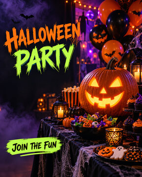 Halloween party flyer with glowing jack-o-lantern candy table orange black balloons candles cupcakes cookies spooky neon decor. Ideal for event invitations or social media ads