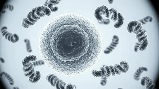 Cell surrounded by several clearly visible Treponema pallidum bacteria