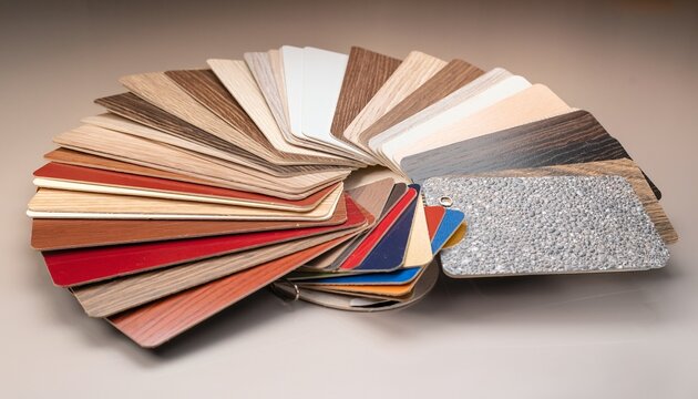 Fan-spread HPL laminate material swatches displaying wood grain textures solid colors and metallic finishes on neutral beige surface