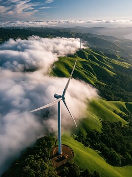 Aerial view of large wind turbines for wind energy on lush green rolling mountain hills covered with low clouds under clear blue sky shows renewable clean power concept