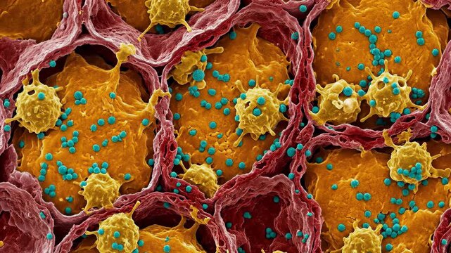 Hantavirus virion, pathogen showing microscopic infection within pulmonary alveolar cell, demonstrating disease process affecting biological tissue structure, triggering immune response.