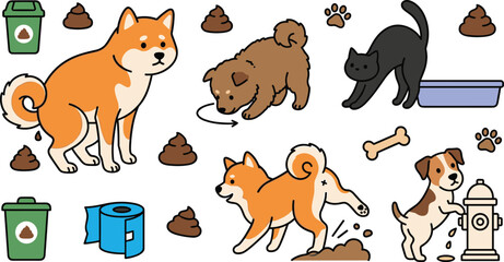 Obraz premium Dog and Cat Pooping and Peeing Behavioral Icon Set with Pet Waste Bags Bin Litter Box and Toilet Paper for Veterinary Care Signs