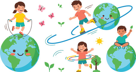 Fototapeta premium Cute Cartoon Kids Active Eco Friendly Lifestyle Vector Set Featuring Skipping Roller Skating and Hula Hooping on Earth Globe Illustrations