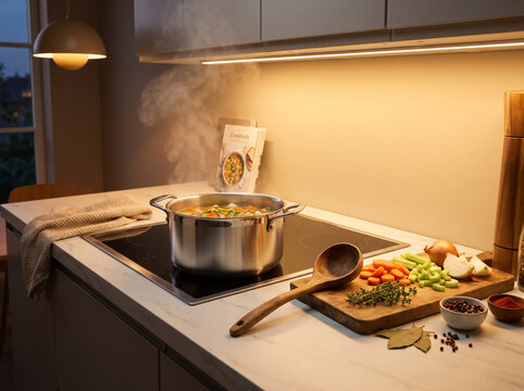 A steaming pot of vegetable soup simmers on a modern induction stove in a cozy kitchen, perfect for culinary blogs or healthy lifestyle advertising