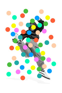 Energetic young dancer performs dynamic move in studio with playful confidence among colorful circles. Modern dance, creative graphics, self-expression concept.