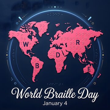 World braille day concept featuring a world map with braille letters and a dark background