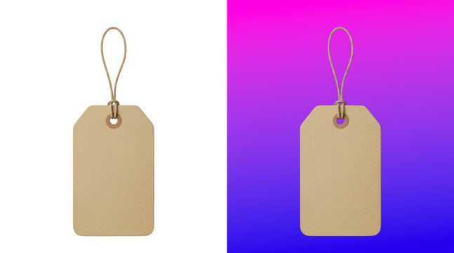 Two blank beige paper tags hanging on string