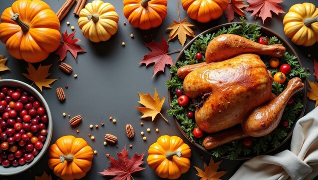 Roasted turkey with festive autumn Thanksgiving decorations