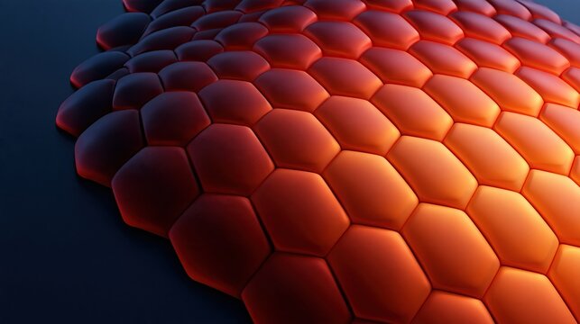 Abstract 3d render of gradient orange soft padded rounded hexagonal tiles arranged in organic curved pattern on dark blue background