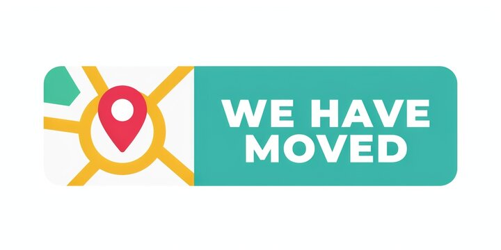 We moved text with a red map location pin icon and yellow road network lines on a white and teal rectangular background
