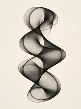Abstract minimalist contemporary line art with twisted flowing spiral shape made of fine black ink lines on light off white background shows elegant modern artistic design
