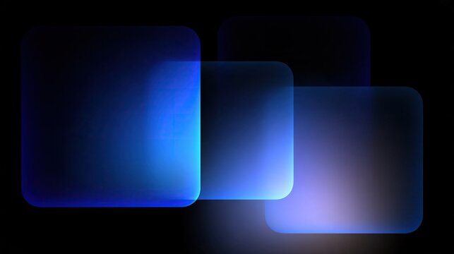 Abstract modern dark background with overlapping translucent glowing blue rounded rectangles with gradient creates a minimalist futuristic decorative backdrop