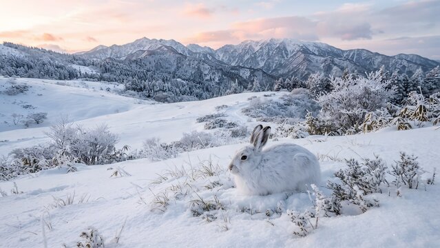 White Hare in a Snowy Mountain Landscape at Dawn