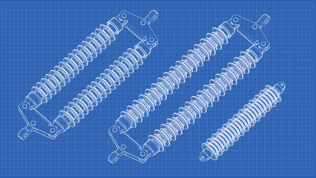 HV Insulator - Double Suspension Insulator Chain. Engineering schematic Blueprint. Orthographic view - side, front views. 3D Mesh, Sketch, Vector style or Drawing. 3D rendering isolated on blue
