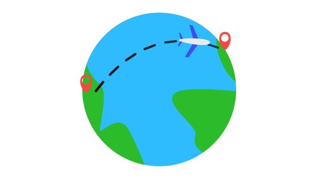 2D vector animation of global travel concept featuring a commercial airplane flying across the earth with map marker location pins and a dashed flight path