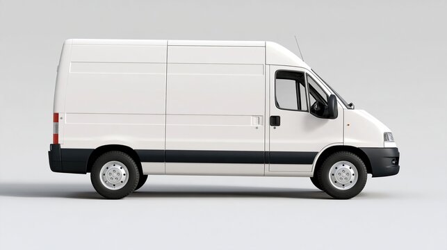 Blank white delivery cargo van in side view on plain gray background ready for commercial delivery transport and logistics branding design