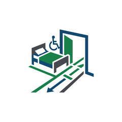 Obraz premium Hospital Room Icon with Medical Bed Wheelchair and Exit Symbol