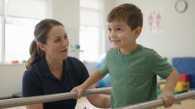 Slow push-in on a pediatric physical therapist guiding a 6-year-old boy in leg braces as he takes careful steps between parallel bars in a bright rehabilitation clinic