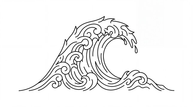 Stylized ocean wave line art illustration on white background