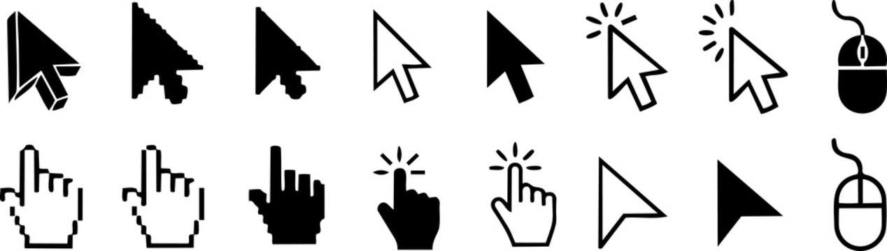 Collection of computer mouse pointer cursors and hand click icons with interface