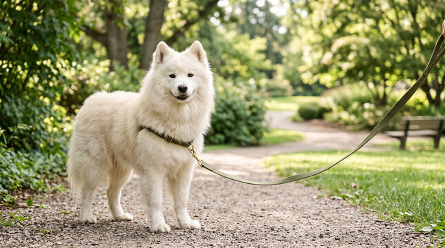 Samoyed dog standing on a path in a lush green park  