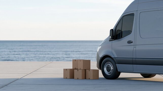 Gray delivery cargo van with stacked cardboard boxes parked near sea ocean waiting for shipment delivery represents logistics and delivery service concept