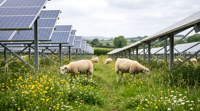 Sheep Grazing Among Solar Panels in a Green Field Agrivoltaic Farming