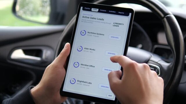 Sales professional reviews priority leads on a tablet inside a car, tracking deal values and opportunities through a mobile CRM pipeline for faster business decisions.