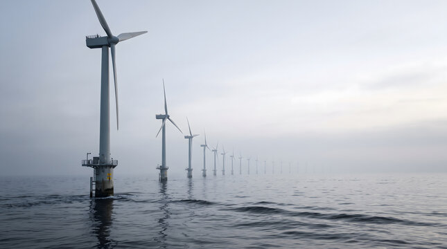 Row of Offshore Wind Turbines in a Calm Misty Sea Generating Clean Energy