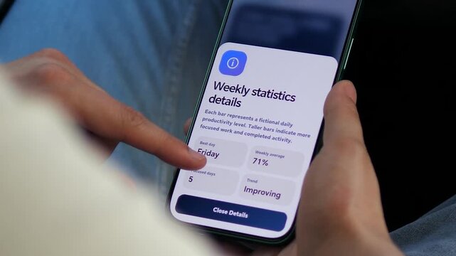 Remote worker reviews weekly productivity statistics on a smartphone, highlighting performance analytics, focus trends and the growing role of data in flexible work.