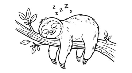 Fototapeta premium Cute cartoon sloth sleeping on a tree branch in a simple black and white line art drawing for kids coloring page