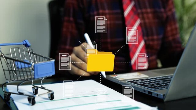 Business person managing digital holographic documents with a laptop, folder icon, paperwork and shopping cart animation, showing online retail administration and file organization
