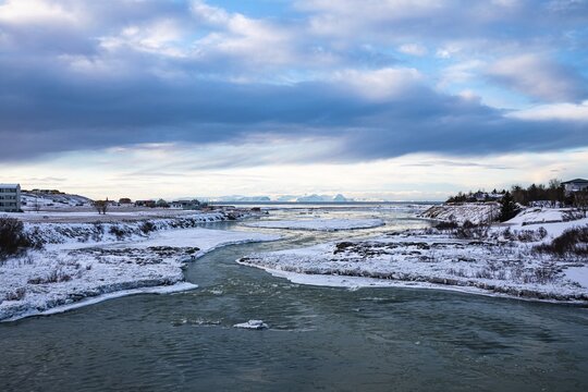 The glacier river Blanda with snowy and icy banks, Bl&ouml;ndous municipality, Northern Iceland Vestra, Iceland