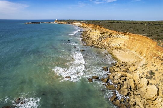 View over the cliffs with beach bays Calas de Conil, Conil de la Frontera, Costa de la Luz, Andalusia, Spain