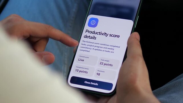 Close-up of a mobile productivity score dashboard as a user reviews task performance, highlighting data-driven work habits, remote efficiency and measurable digital workflows.