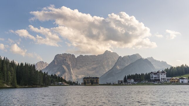 Lake Misurina at sunset, behind medical clinic Istituto Pio XII, Sorapis mountain group, Dolomites, South Tyrol, Bolzano, Italy