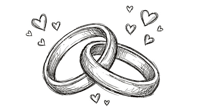 Two interlocking wedding rings sketch with small floating hearts for marriage celebration and romantic love concept