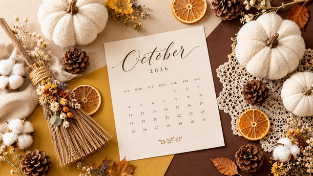 2026年10月のカレンダーと秋のインテリア・カボチャとドライフラワーの平置き素材/October 2026 calendar with autumn decorations, fabric pumpkins and dried flowers flat lay