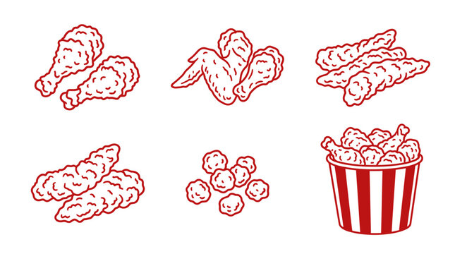Set of hand drawn fried chicken pieces including drumsticks wings strips and a bucket of crispy chicken snacks