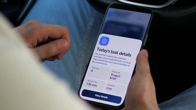 Mobile productivity dashboard displays daily task priorities, workload and estimated time, highlighting digital planning and smarter personal time management.