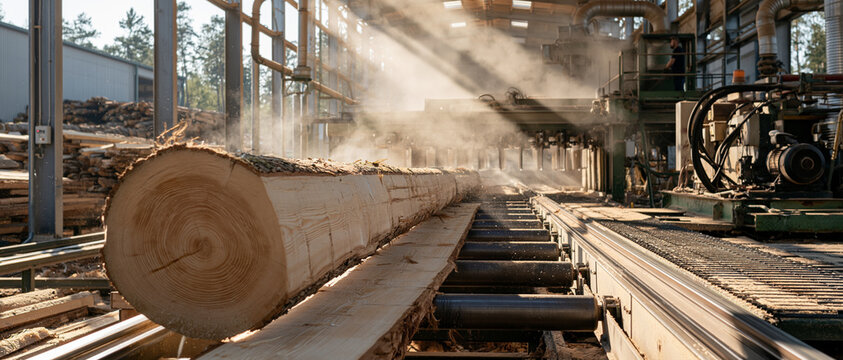 Large timber logs on an industrial sawmill transport line