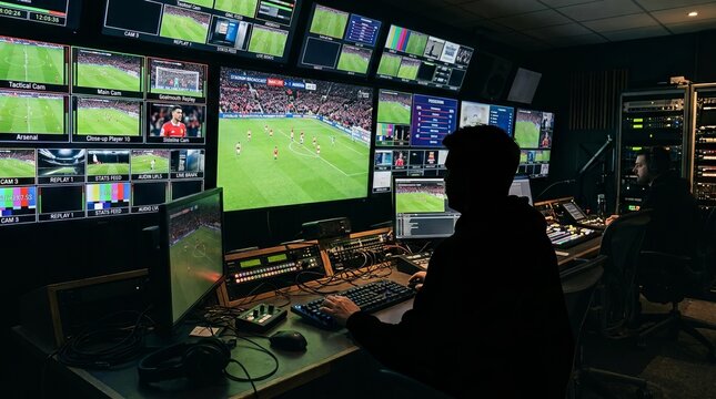 Skilled professionals manage a live football broadcast within a hightech control room. This image captures the intensity of sports media production and digital analytics in realtime. 