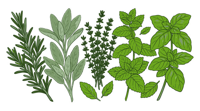 Set of fresh green culinary herbs including rosemary sage thyme mint and basil leaves hand drawn illustration