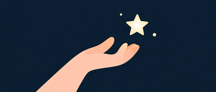Minimalist illustration of a hand reaching out to touch a glowing star on a dark blue night sky