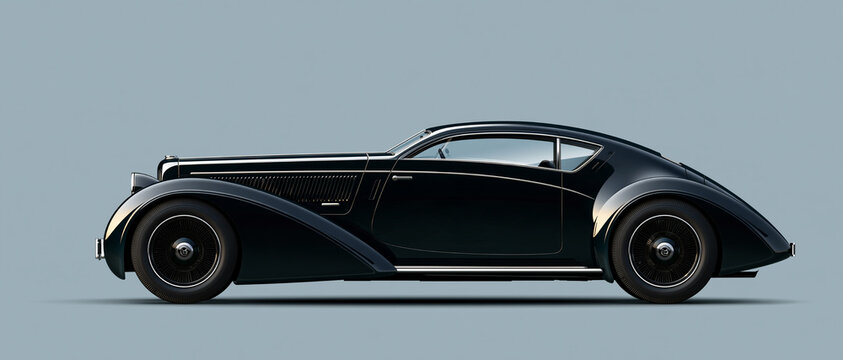 Sleek black vintage luxury sports car profile against a clean light grey studio background
