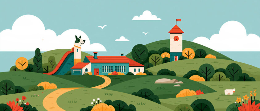 Colorful vector illustration of a charming green landscape with hills, houses, and trees