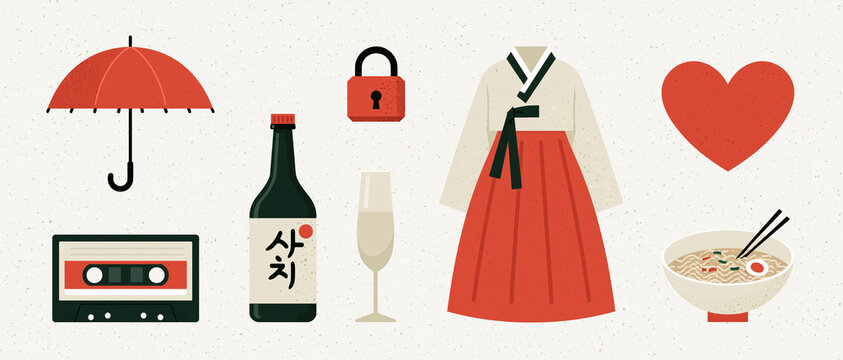 Korean cultural elements banner featuring traditional symbols, food, and clothing on a white background

