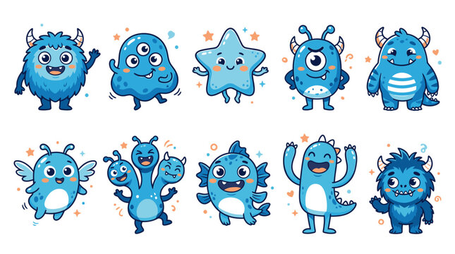 Set of ten cute blue cartoon monsters and funny alien characters for kids design
