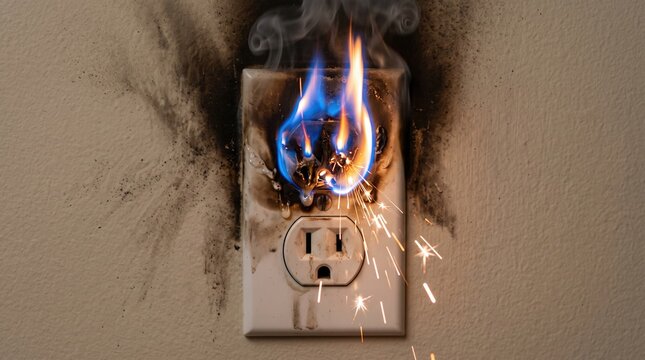 Burning electrical outlet with blue flames, sparks and smoke caused by an electrical short circuit. Dangerous fire hazard, overloaded socket, home safety and electrical accident prevention concept.