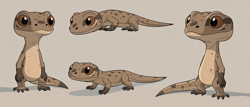 Cute cartoon gecko lizards in various poses on a neutral background